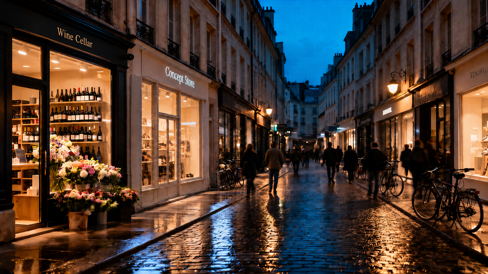 Independent storefronts at night